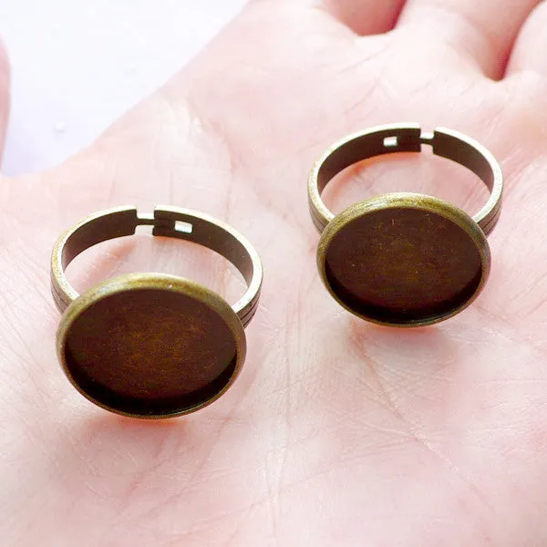 14mm Bezel Ring Base with Round Bezel Cup | Adjustable Ring Blank with Round Bezel Tray | Cameo Setting | Cabochon Bezels (2 pcs / Antique Bronze)