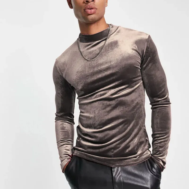 Autumn Men's T-shirts Pleuche Slim Turtleneck Long Sleeve Solid Color Casual Male Pullover Clothing Simple 9C6643