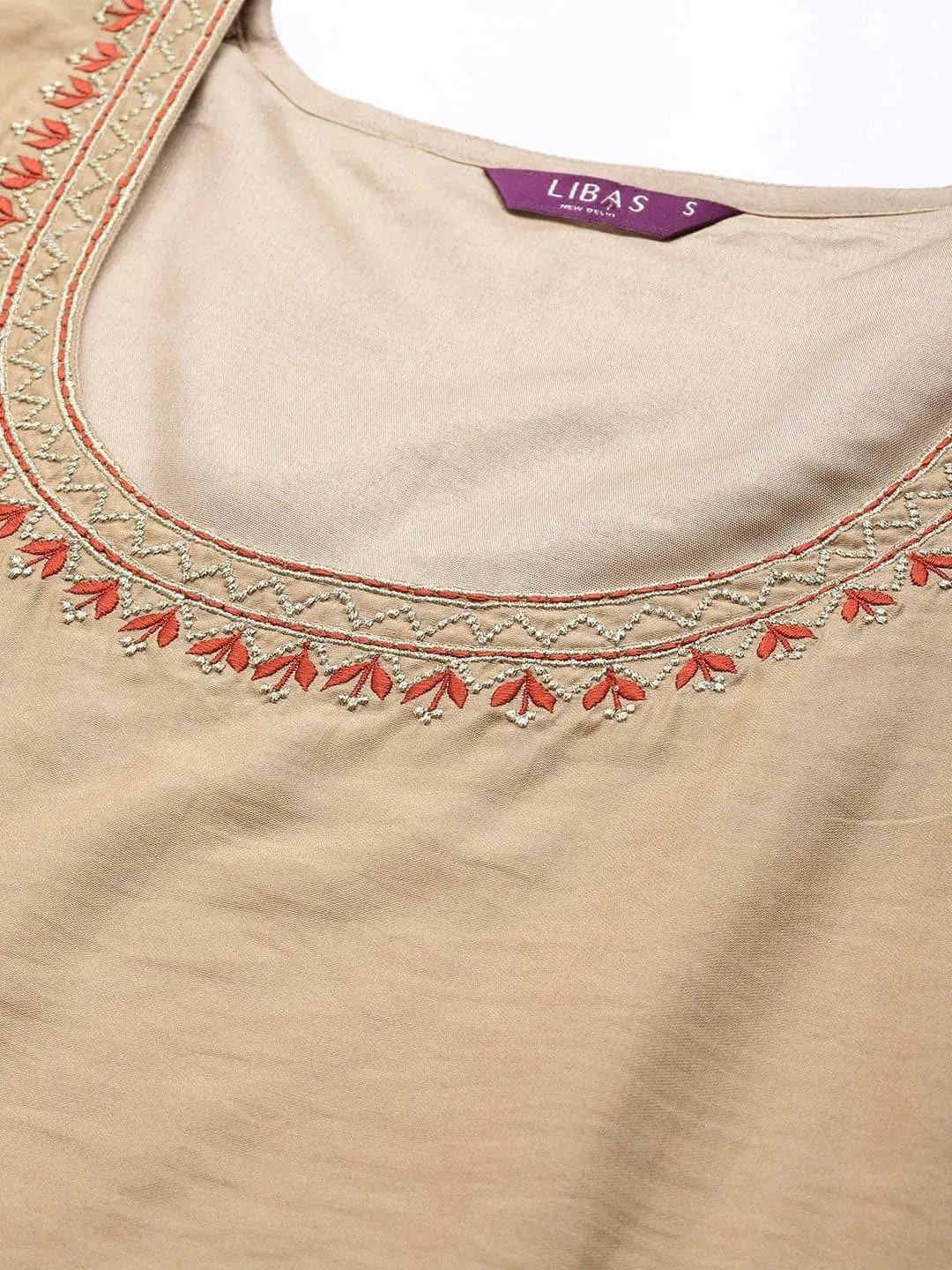 Beige Solid Chanderi Silk Straight Kurta With Dupatta