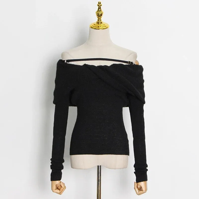 Casual Slim Knitted Pullovers For Women Slash Neck Long Sleeve Elegant Sweater Female Fashion Clothing