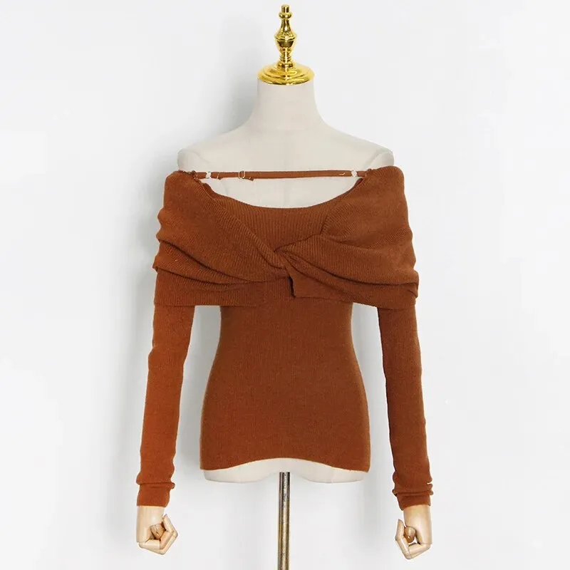 Casual Slim Knitted Pullovers For Women Slash Neck Long Sleeve Elegant Sweater Female Fashion Clothing