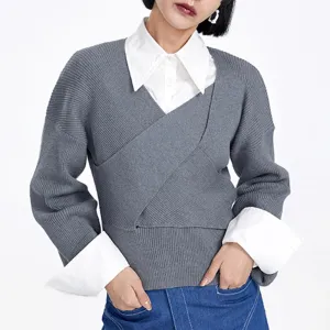 Casual Temperament Sweaters For Women V Neck Long Sleeve Patchwork Crisscross Solid Sweater Female Fashion Clothing