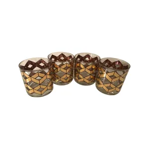 Culver Mid-Century Gold Herringbone Double Old Fashion Glasses (Set of 4)