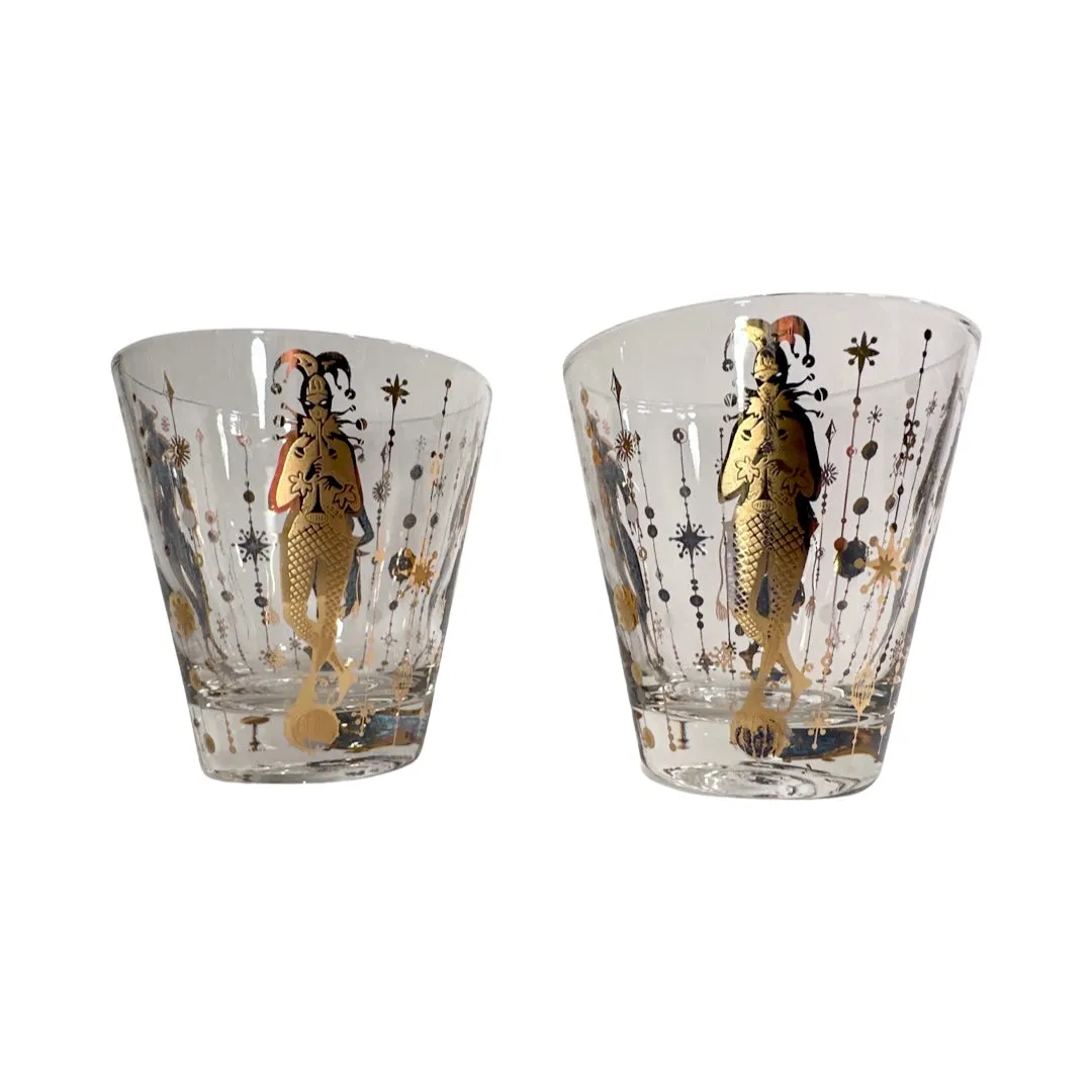 Culver Mid-Century Mardi Gras Jester Double Old Fashion Glasses (Set of 2)