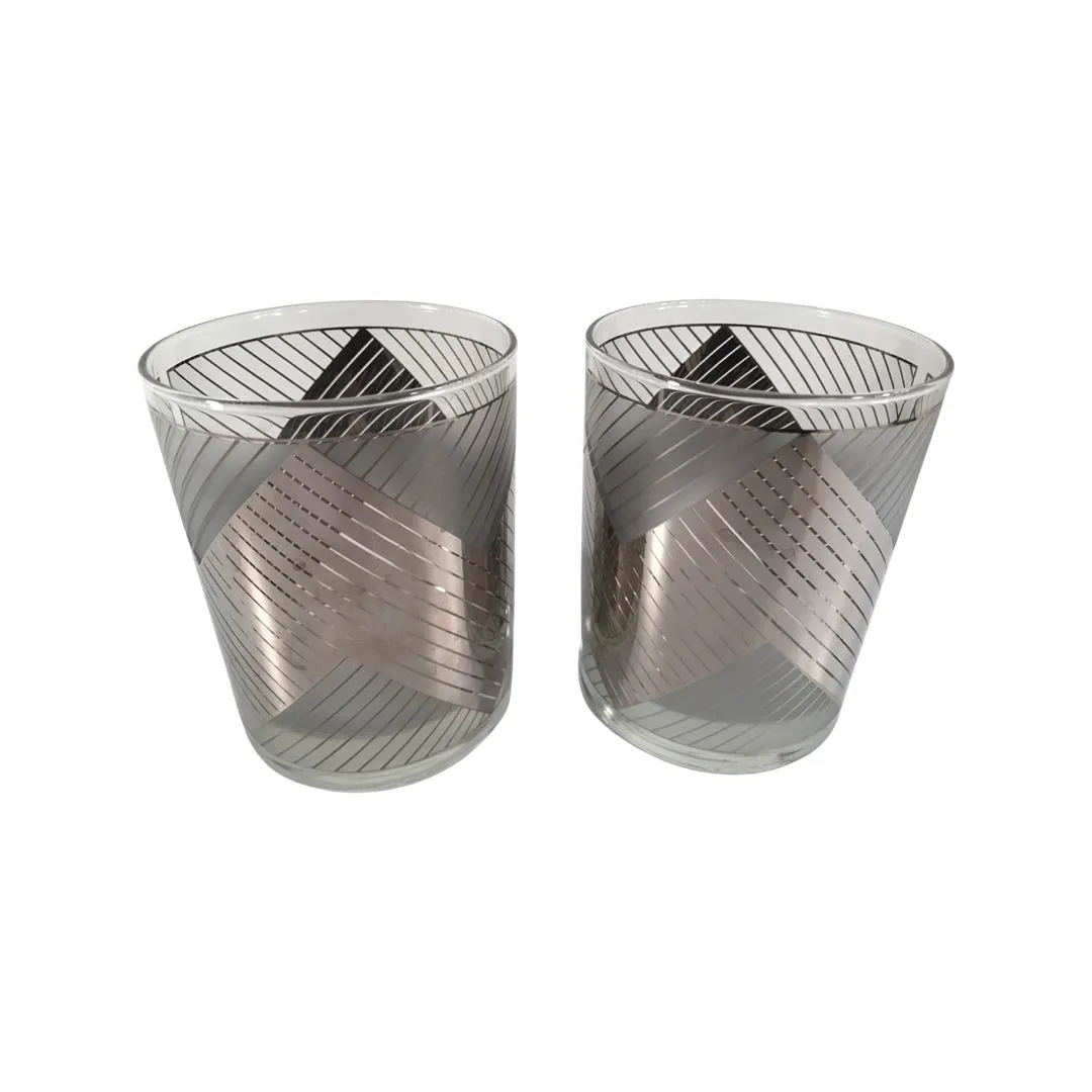 Culver Signed Mid-Century Silver Images Chevron Double Old Fashion Glasses (Set of 2)