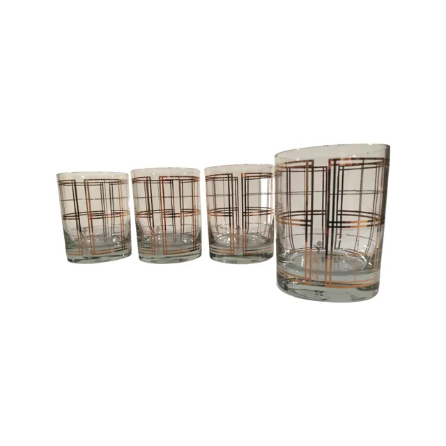 Georges Briard Signed Mid-Century Golden Squares Double Old Fashion Glasses (Set of 4)