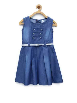 Girl's  Blue Denim Sailor Dress With Belt - StyleStone Kid