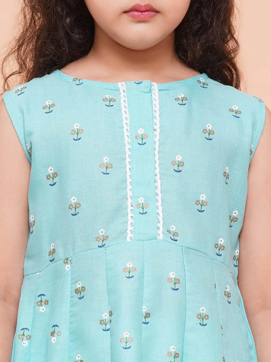 Girl's Blue Floral Printed Empire Kurta with Trousers & With Dupatta - NOZ2TOZ KIDS