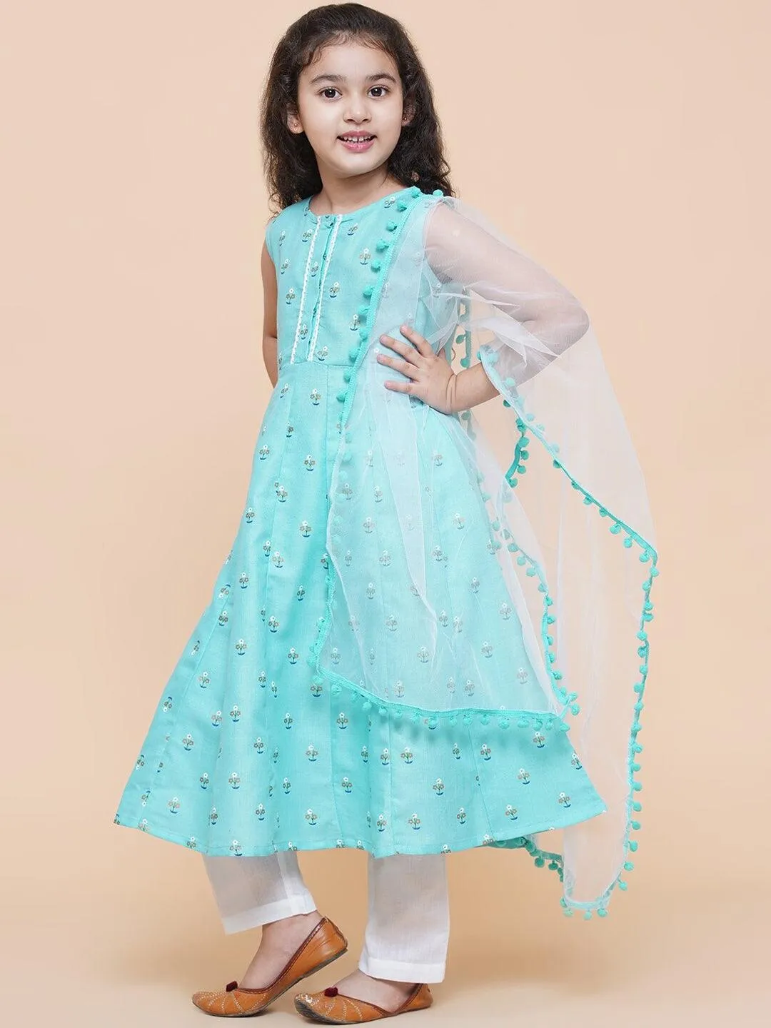 Girl's Blue Floral Printed Empire Kurta with Trousers & With Dupatta - NOZ2TOZ KIDS