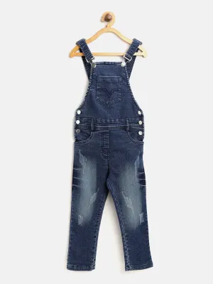 Girl's Lycra Denim Scratch Style Distressed Dungaree - StyleStone Kid