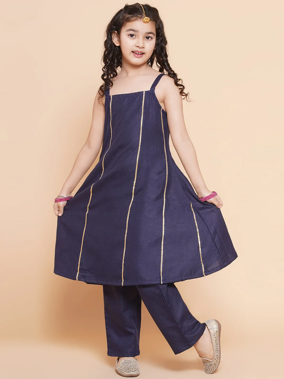 Girl's  Navy Blue Kurta Set  With Shrug - Bitiya By Bhama