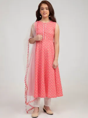 Girl's Pink Ethnic Motifs Printed Pure Cotton Kurta with Trousers & With Dupatta - NOZ2TOZ KIDS