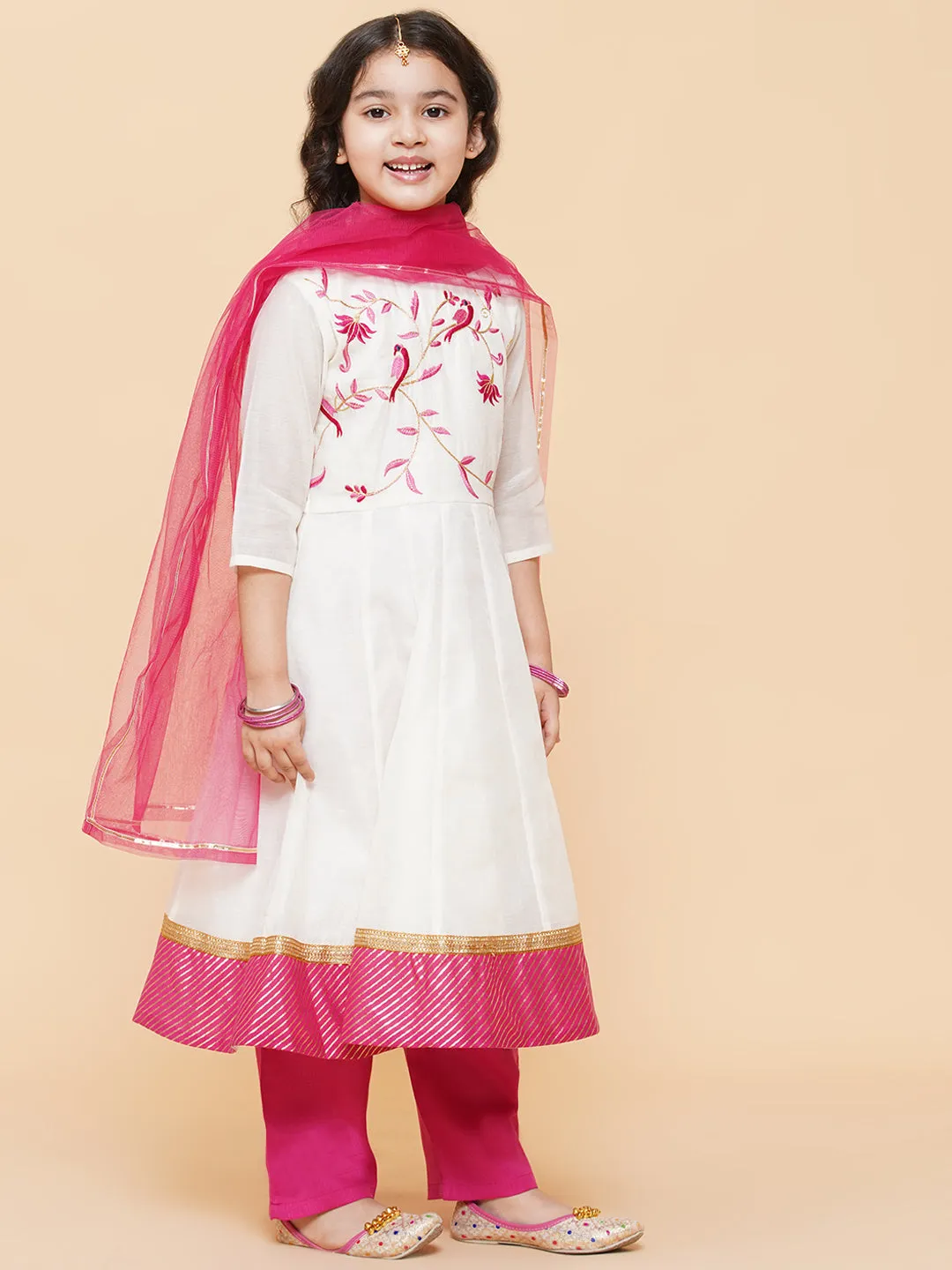 Girl's White Embroidered Anarkali  Kurta With Trouser & With Dupatta - Bitiya By Bhama