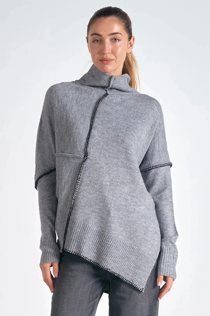 Grey Black Stitch Asymmetrical Turtleneck Sweater