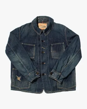 Japanese Repro Coverall Denim Chore Coat, Sugar Cane, Dark Blue with Distressed Pocket - L