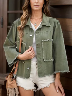 KESLEY Olive Green Light Jacket New Women's Fashion Raw Hem Button Up Denim Jacket