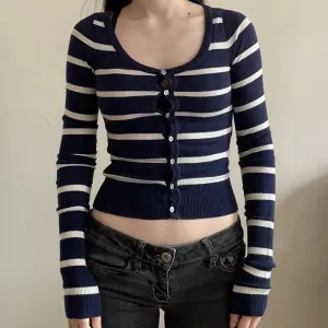 Korean Fashion Stripe Women Sweaters Buttons Up Slim Autumn Cardigan Knitwears Preppy Style Basic Knit Outfits Spring