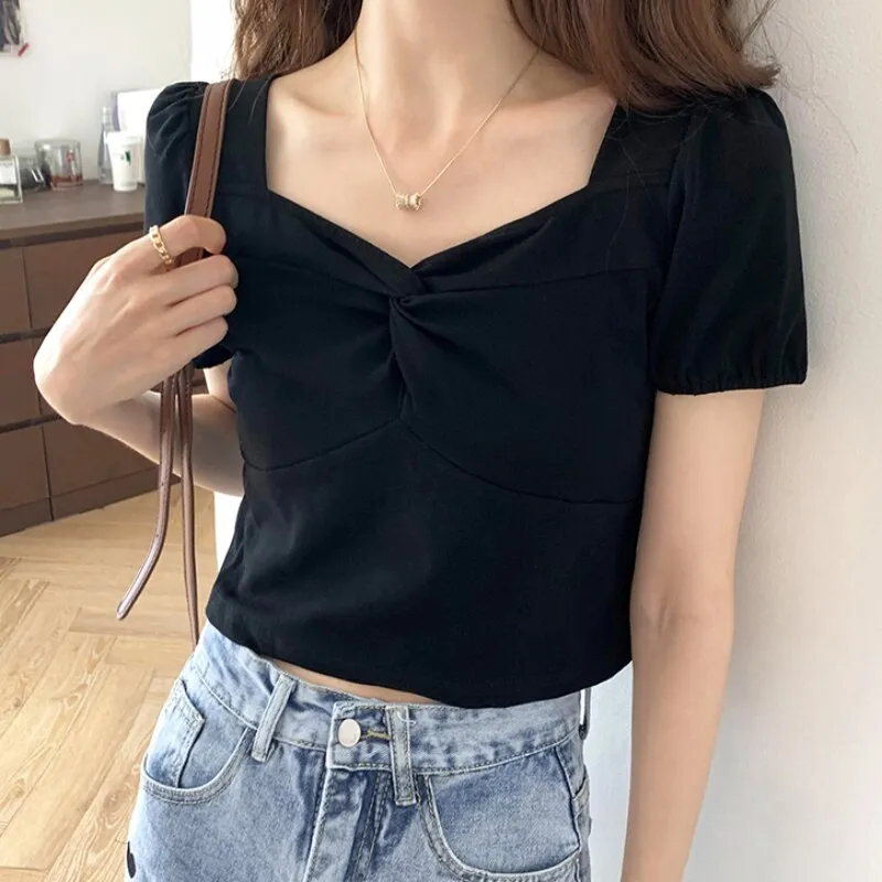 Korean Women Blouse Summer Square Collar White Short Sleeve Summer Pullover Crop Tops Designed Ladies Casual Shirts