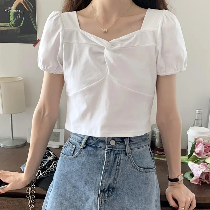 Korean Women Blouse Summer Square Collar White Short Sleeve Summer Pullover Crop Tops Designed Ladies Casual Shirts