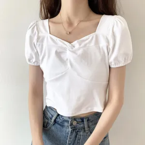 Korean Women Blouse Summer Square Collar White Short Sleeve Summer Pullover Crop Tops Designed Ladies Casual Shirts