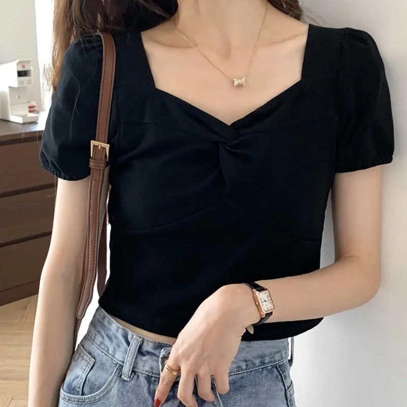 Korean Women Blouse Summer Square Collar White Short Sleeve Summer Pullover Crop Tops Designed Ladies Casual Shirts