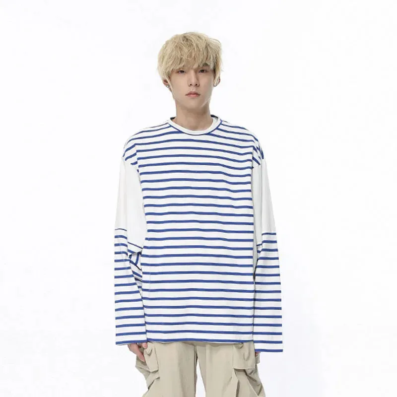 Long Sleeve Men's T-shirt Stripe Male Clothing Summer Autumn Pullover Korean Spliced Contrast Color Top 9C5179