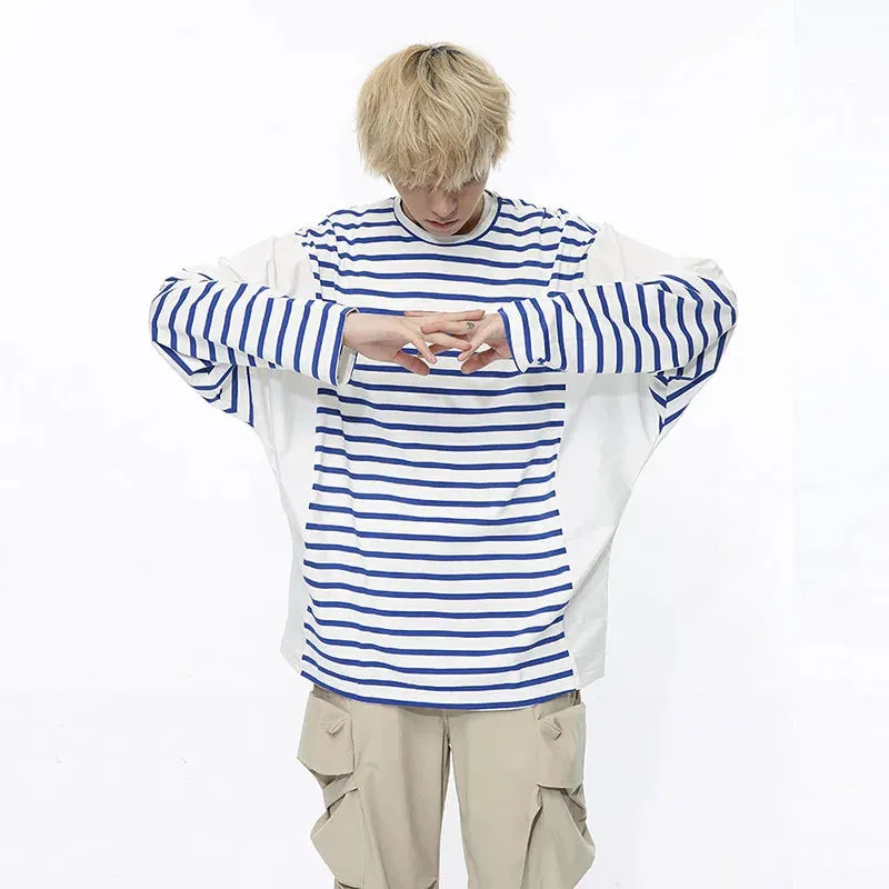 Long Sleeve Men's T-shirt Stripe Male Clothing Summer Autumn Pullover Korean Spliced Contrast Color Top 9C5179