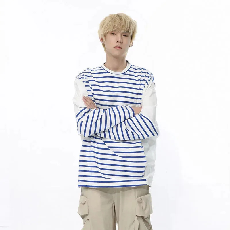 Long Sleeve Men's T-shirt Stripe Male Clothing Summer Autumn Pullover Korean Spliced Contrast Color Top 9C5179