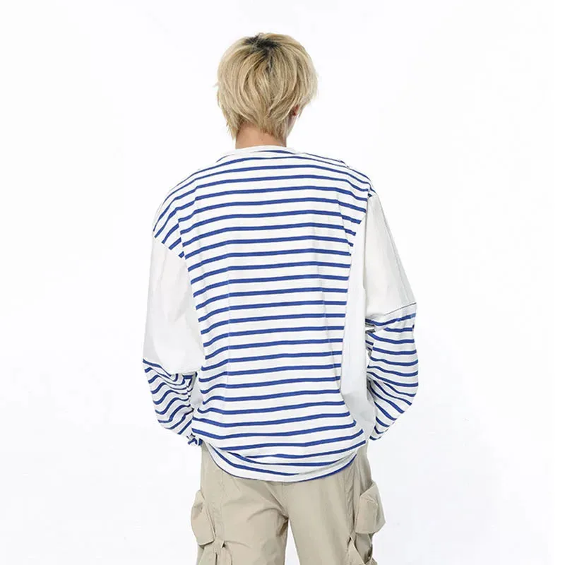 Long Sleeve Men's T-shirt Stripe Male Clothing Summer Autumn Pullover Korean Spliced Contrast Color Top 9C5179