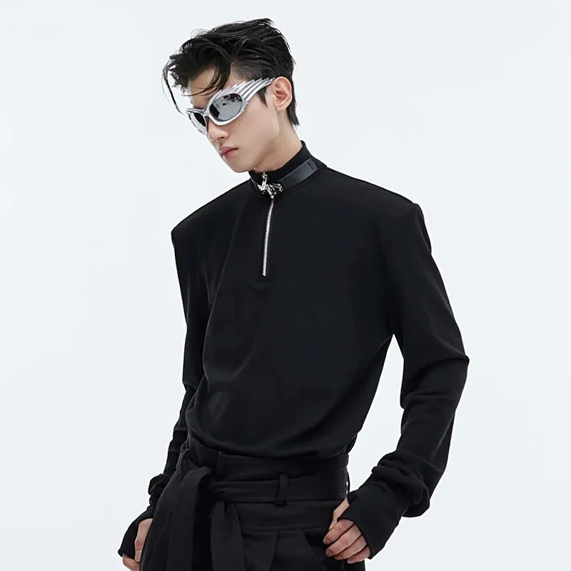 Male Long Sleeve Top Metal Buckle Design Personality Stand Collar Zipper Slim Men Base Shirt High Street 9C4016