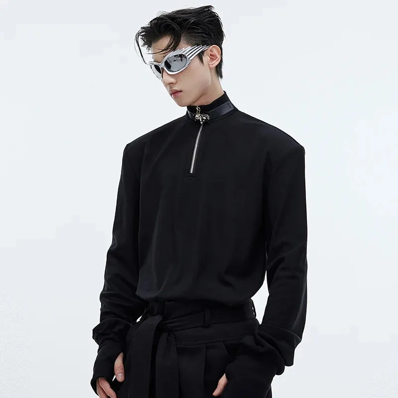 Male Long Sleeve Top Metal Buckle Design Personality Stand Collar Zipper Slim Men Base Shirt High Street 9C4016