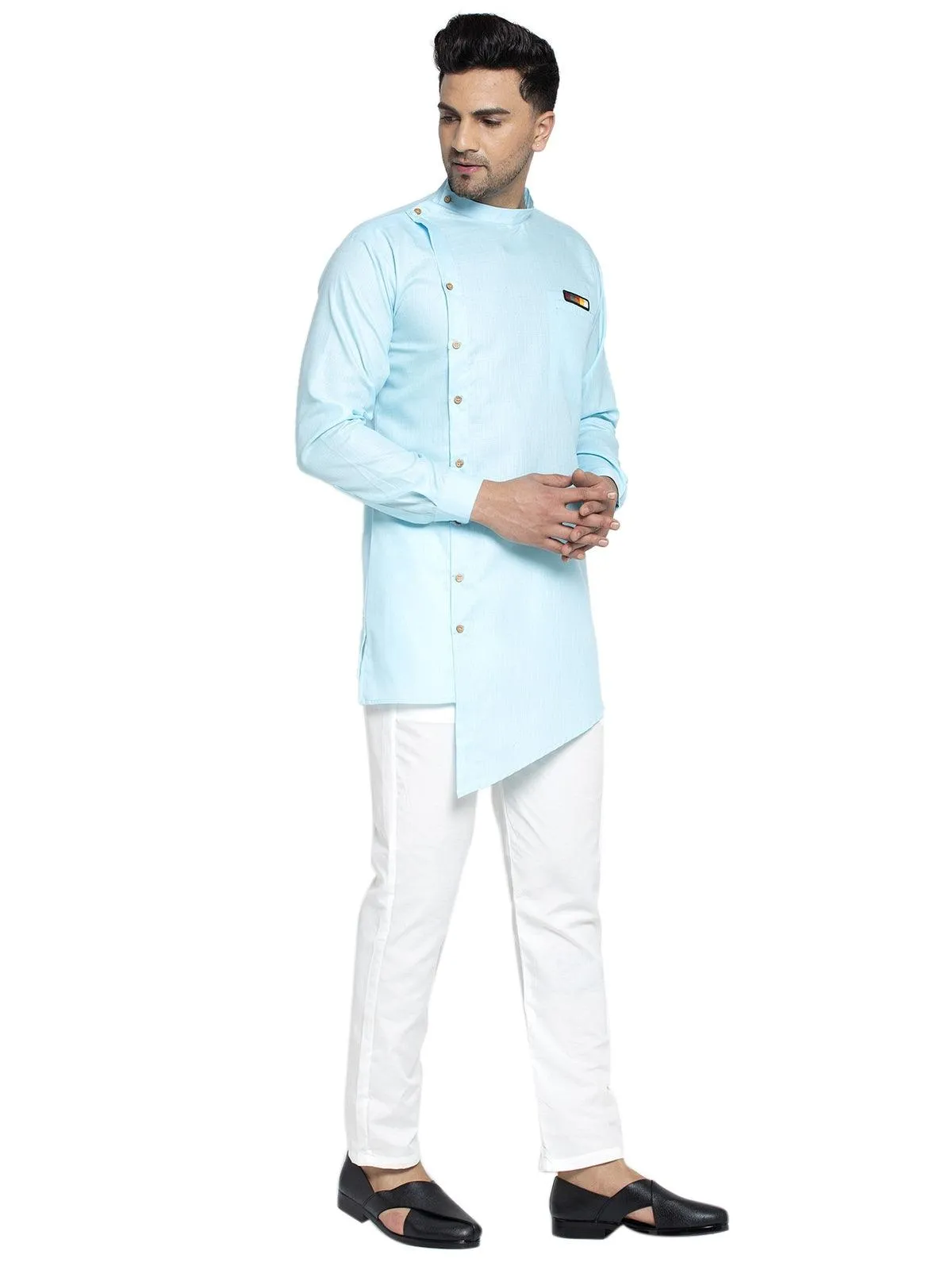 Men's Cotton Sky Blue Asymmetric Solid Kurta With White Trousers - Benstoke