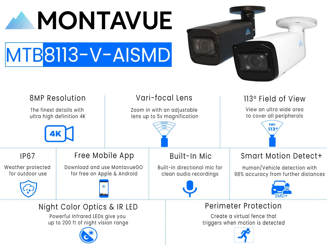 MTB8113-V-AISMD | 8MP 4K Varifocal Bullet Security Camera with Smart Motion Detection