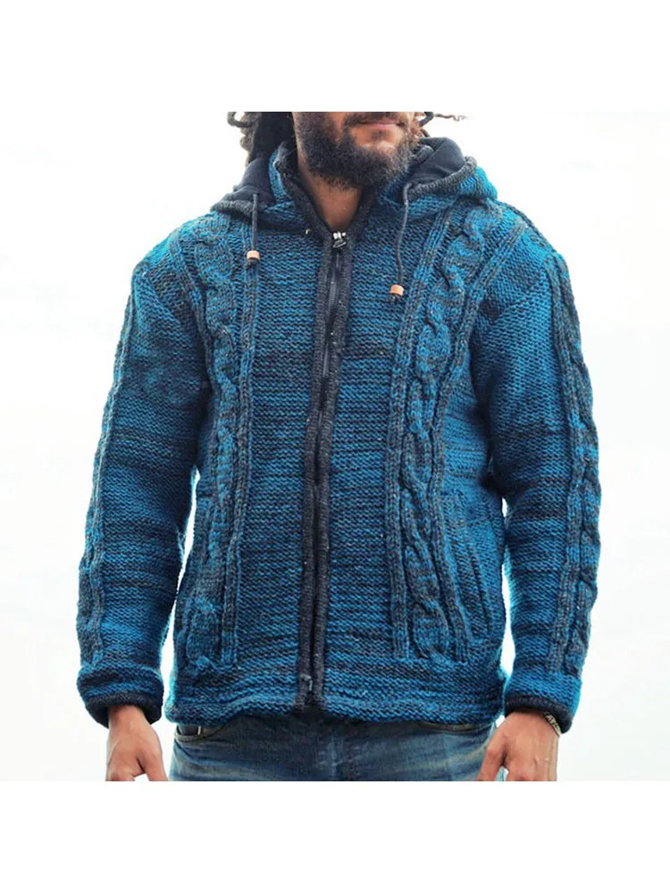 New Men'S Winter Zip Cardigan Hooded Knit Sweater