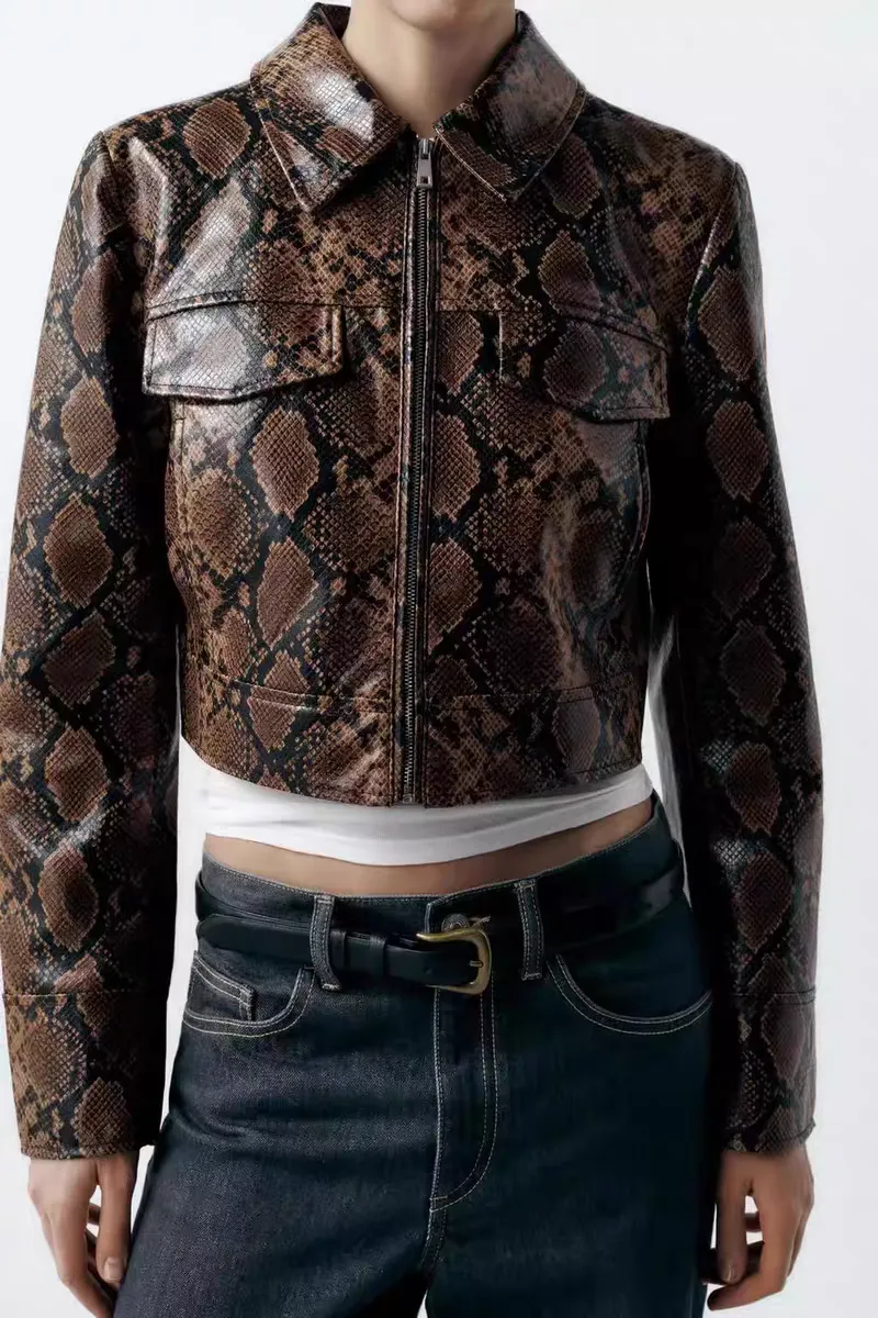 Sexy Snakeskin Polo Collar Long Sleeve Faux Leather Jacket Autumn Loose Short Casual Coat for Women