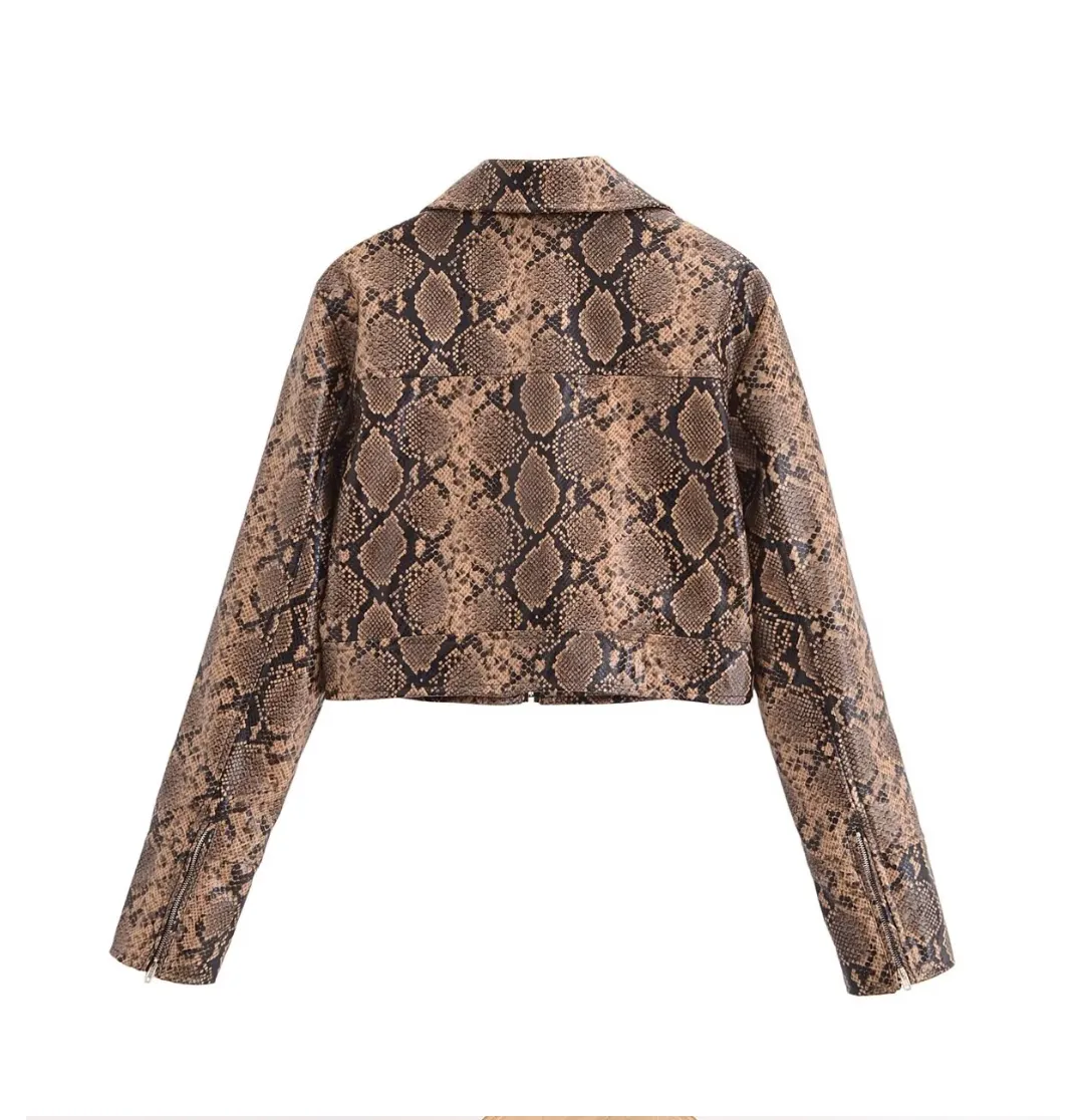 Sexy Snakeskin Polo Collar Long Sleeve Faux Leather Jacket Autumn Loose Short Casual Coat for Women