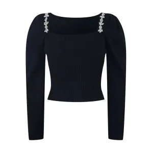 Slim White Sweater For Women Square Collar Long Sleeve Patchwork Diamonds Solid Knitting Pullover Female Clothing