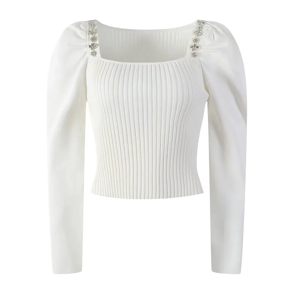 Slim White Sweater For Women Square Collar Long Sleeve Patchwork Diamonds Solid Knitting Pullover Female Clothing