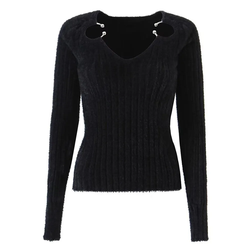 Solid Temperament knitting sweaters For Women V Neck Long Sleeve Patchwork Metal Accessories Casual sweater Female