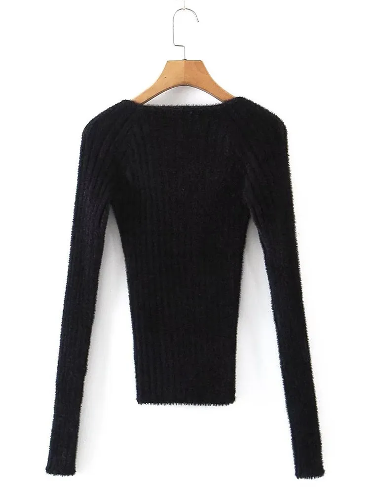 Solid Temperament knitting sweaters For Women V Neck Long Sleeve Patchwork Metal Accessories Casual sweater Female