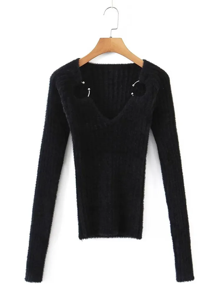 Solid Temperament knitting sweaters For Women V Neck Long Sleeve Patchwork Metal Accessories Casual sweater Female