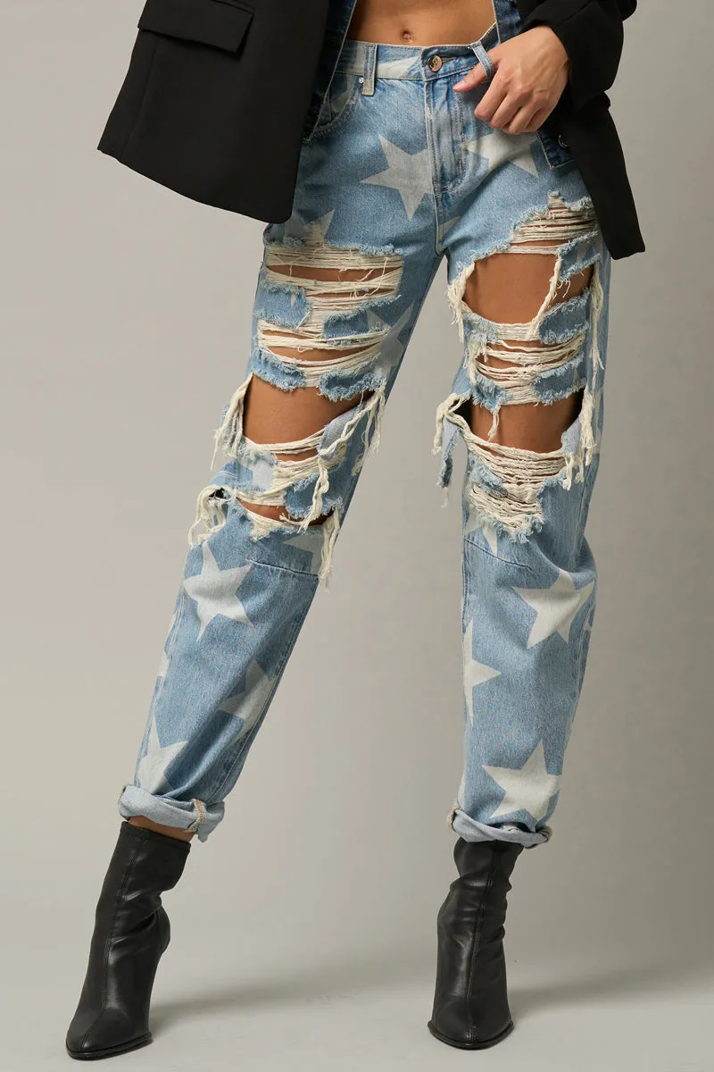 Star Print Design Ripped Slouch Jeans Light Denim