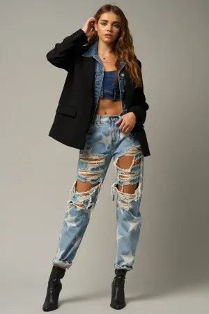 Star Print Design Ripped Slouch Jeans Light Denim