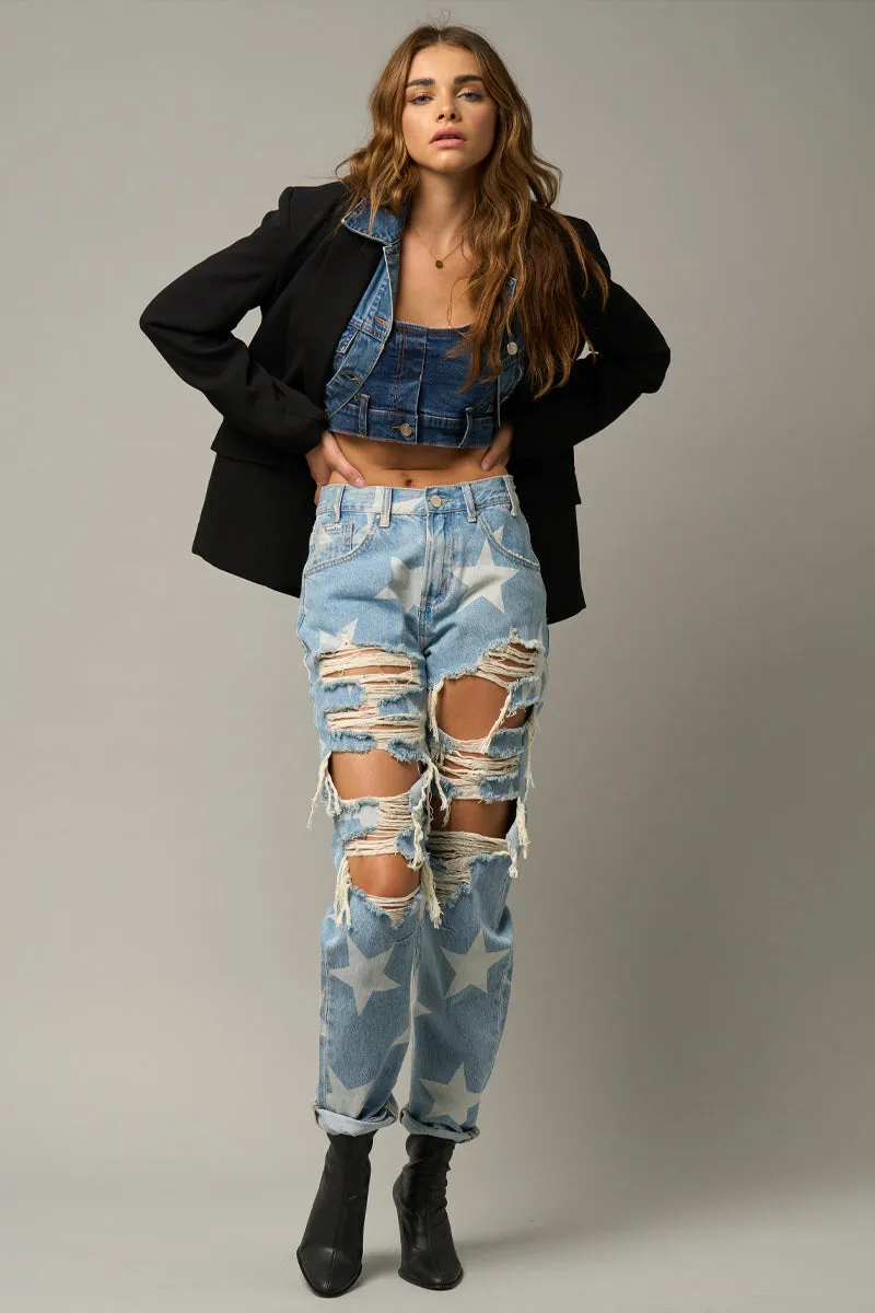 Star Print Design Ripped Slouch Jeans Light Denim