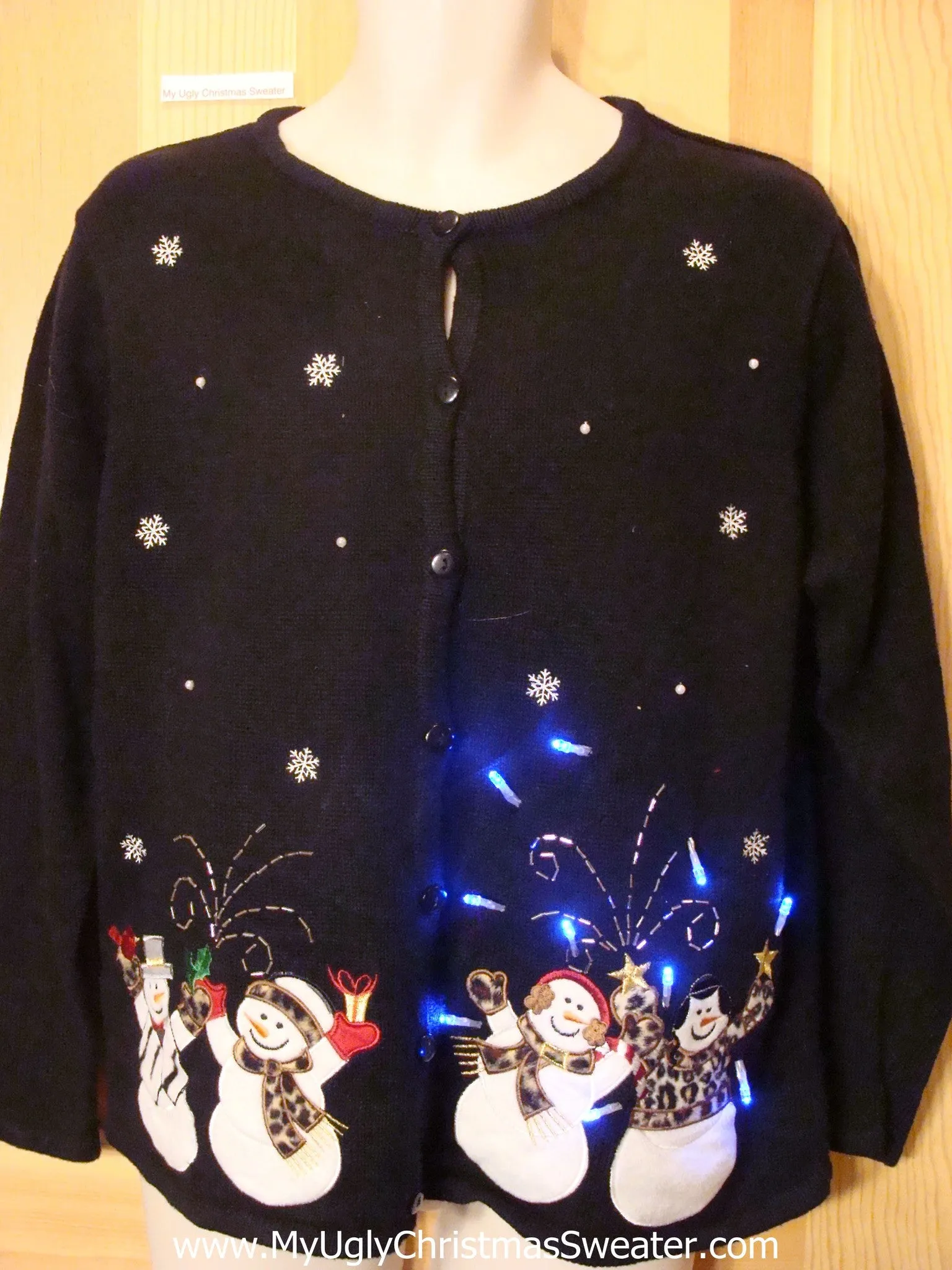 Tacky Light Up Christmas Sweater Cardigan with Snowmen