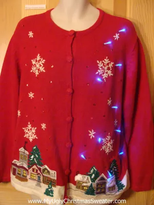 Tacky Red Light Up Christmas Sweater Winter Wonderland Town