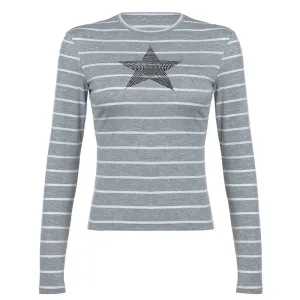 Y2k Star Striped Print Long Sleeve Fitted Tops for Women Casual T Shirts Graphic Tee Grey Autumn 2024 P84-BZ14